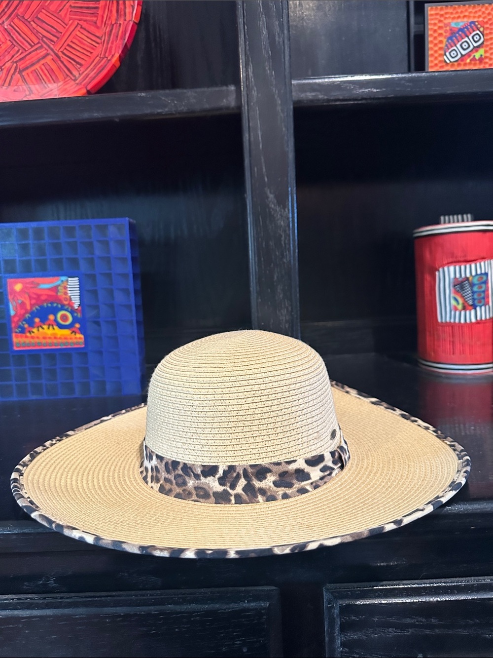 C.C. Boutique Natural Straw Sun Hat with Leopard Trim